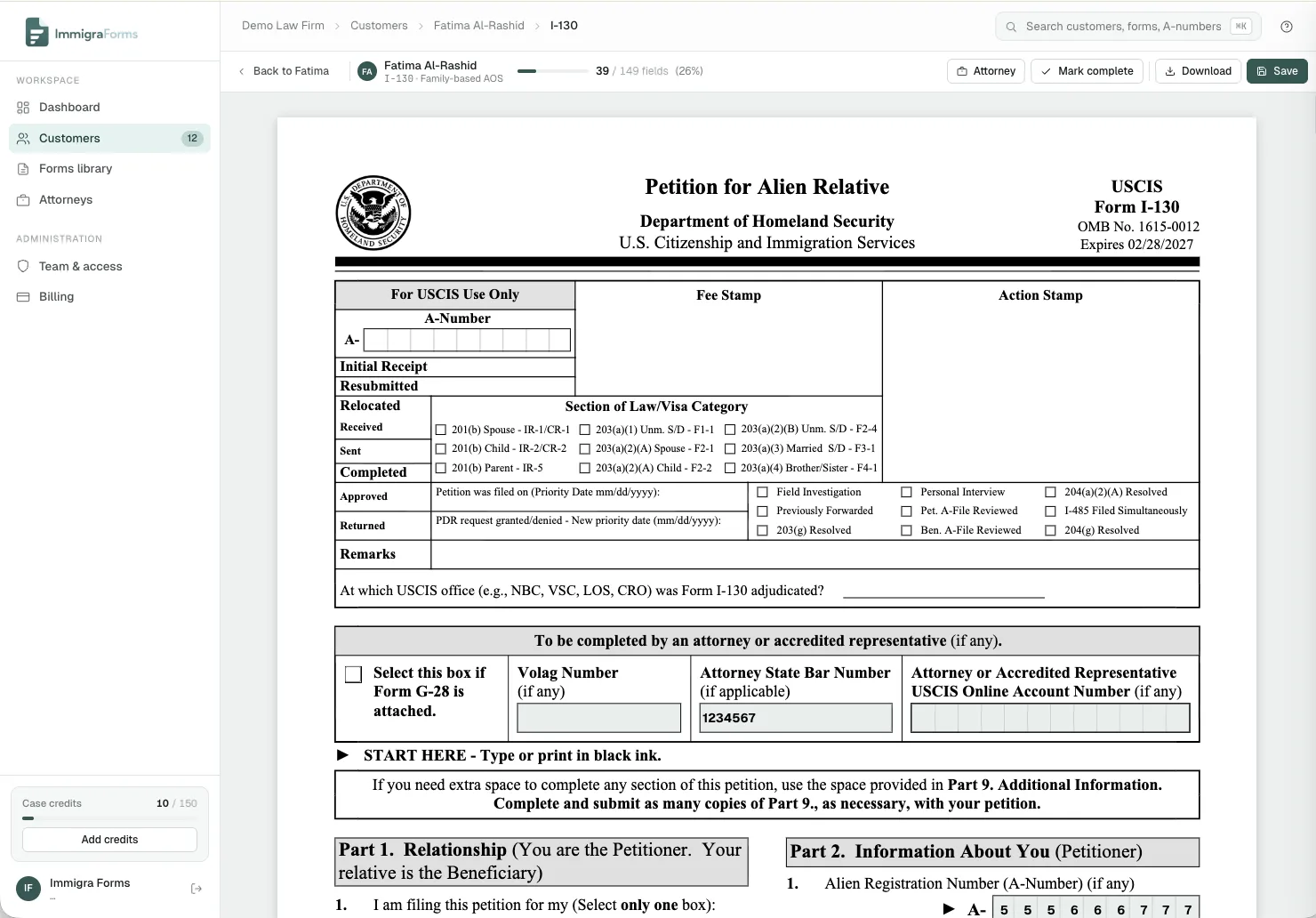 I-130 Petition for Alien Relative auto-filled