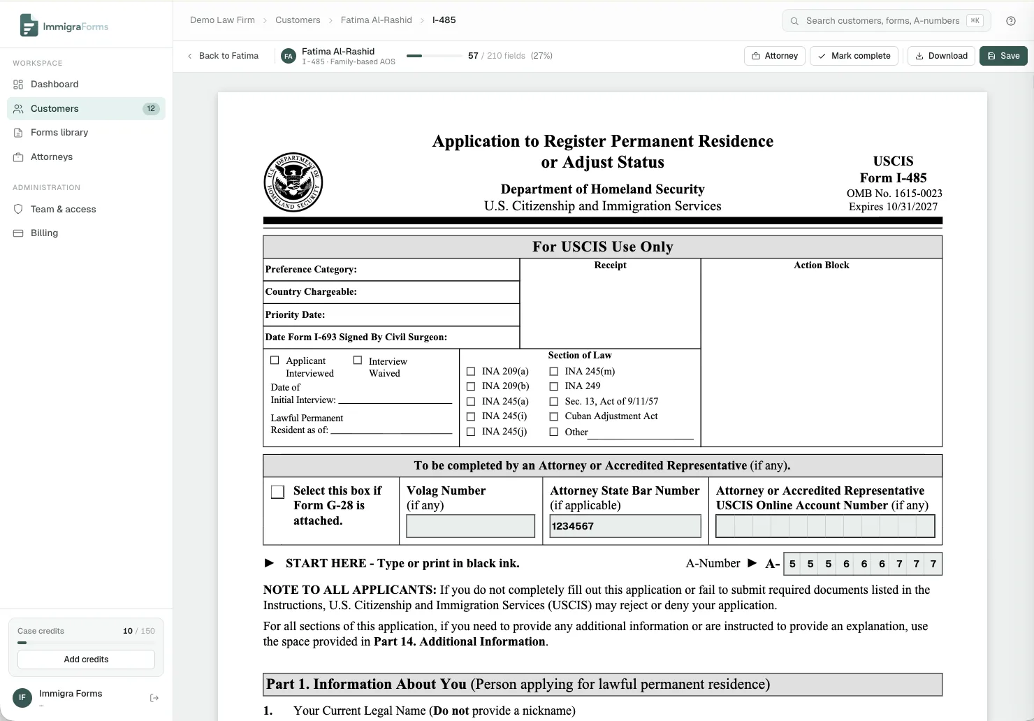 I-485 Adjustment of Status form auto-filled