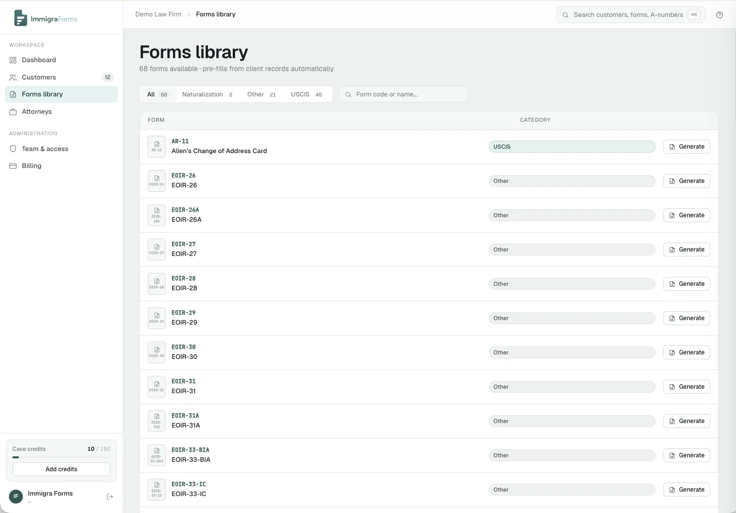 Forms library with USCIS forms catalog