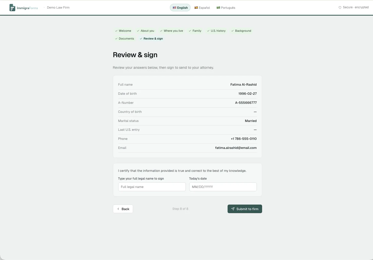 Review and sign intake step